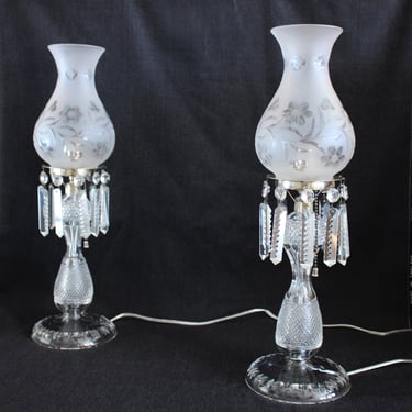 Pair of Vintage Cut Glass Table Lamps with Crystal Prisms and Wheel Cut Frosted Shades 