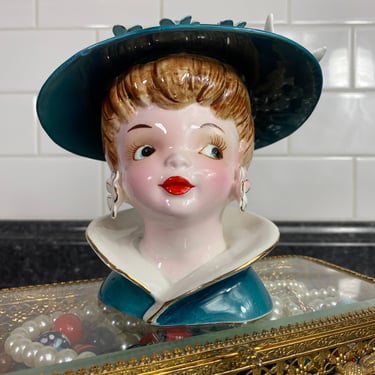 Geo Z Lefton Lady Head Vase, Blue Hat & Dress, Carved flower Earrings, Wide Brim Hat w/Polka Dot Ribbon Bow, Hand painted face, ceramic vase 
