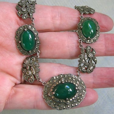 Antique 1930's Art Deco Sterling Marcasite Necklace, Art Deco Necklace, Sterling Marcasite Necklace With Green Chalcedony Stones  (#4360) 