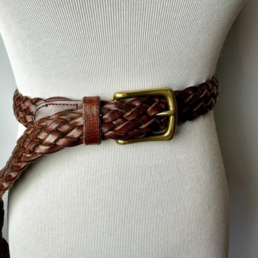 90’s brown leather belt~ braided skinny belt~ woven belt with brass buckle~ glossy thick dark mahogany/ open size LG 