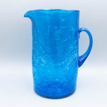 Blenko Turquoise Dimpled Crackle Pitcher | Vintage Mid Century Modern Celeste Blue Glassware 