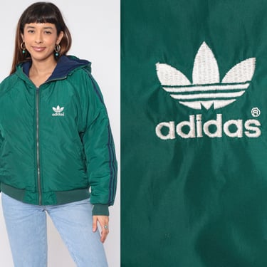 90s Adidas Reversible Jacket Green Blue Zip Up Hooded Puffer Windbreaker Hood Coat Striped Puffy Vintage 1990s Retro Raglan Sleeve Small S 