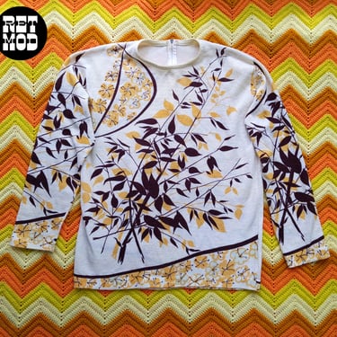 So Good Vintage 60s 70s White Brown Golden Yellow Screenprinted Leaves Pullover Knit Top 