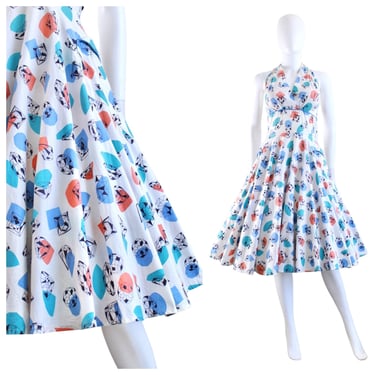 1950 Facet Jewel Diamond Novelty Print Fit & Flare Halter Dress - 50s Novelty Print - 50s Fit and Flare Dress - Halter Dress | Size Small 