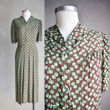 1940s Green Dress / 1940s Day Dress / Vintage As Is Dress / Vintage 40s Rayon Dress / Green and Brown Vintage Dress 