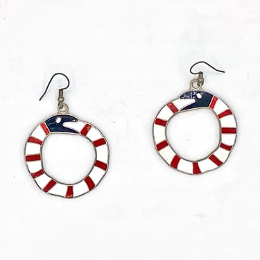 Vintage 1980s Southwestern Cloisonné Snake Earrings, Hand-Crafted Enameled Dangling Hoops for Pierced Ears 