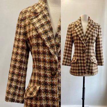 Vintage 70s Blazer Coat Jacket / OVERSIZED HOUNDSTOOTH / Fitted + One Button + Lined / Gino Rossi Roma 