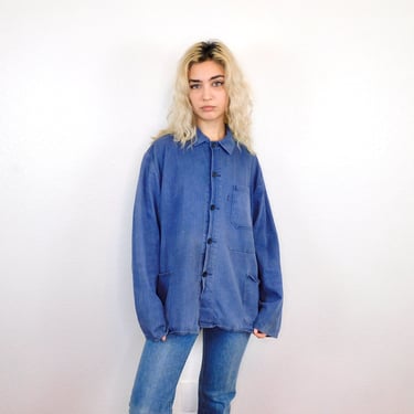 French Chore Coat // vintage 70s faded hippy jean jacket boho hippie blouse shirt dress 1970s distressed denim work painters // O/S 