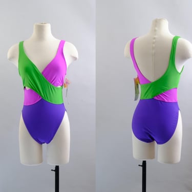 Deadstock Vintage Anne Cole Swimsuit – 80s Color Block One Piece – Size 10 – Made in USA 