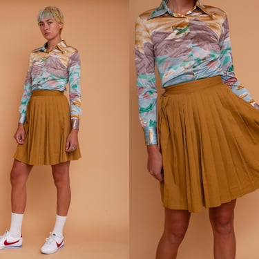 Vintage 80s Olive Pleated Skirt / High Waisted Mini 