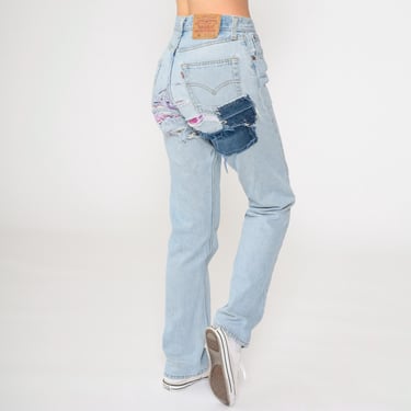 Vintage Levis 501 Jeans 90s Ripped Patch Jeans Mid Rise Straight Leg Distressed Denim Pants Levi Strauss Relaxed 1990s Small 28 x 32 