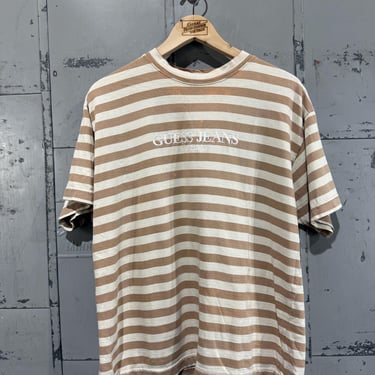 Vintage 90s Guess striped tshirt brown and white embroidered logo streetwear 