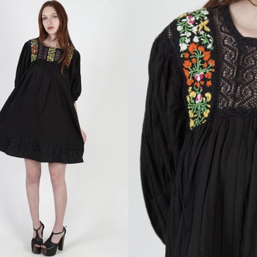 Mexican Embroidered Crochet Lace Pintuck Tent Coverup Mini Dress 