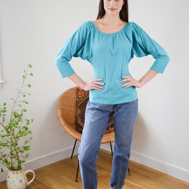 Vintage 1990s Norma Kamali Teal Cotton Blouse | XXS/XS | 90s  Crinkle Cotton Top with Batwing Dolman Sleeves and Scooped Elastic Neckline 