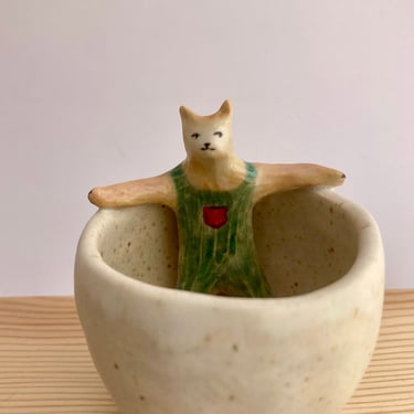 Cat in a Teacup | Ceramic Handmade Cat Figurine in Overalls | Hand-painted Dreamy Watercolor Cup | Gifts for Cat Lovers | Sculpted Cat 