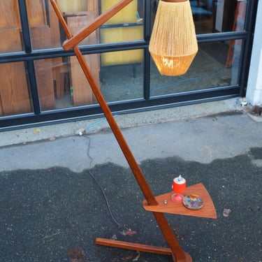 Teak Cantilever Floor Lamp w/ Table & Jute Wrapped Shade