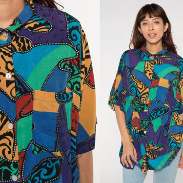 Abstract Blouse 90s Button Up Shirt Patchwork Print Top Collared Short Sleeve Psychedelic Blue Green Purple Vintage 1990s Extra Large xl 