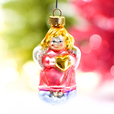 VINTAGE: 1980's - Angel Glass Ornament - Blown Figural Glass Ornament - Christmas - Holidays - Pink Ornament - SKU 30-403-00016075 