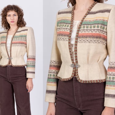 1940s Style Southwestern Cropped Jacket - Small | Vintage 80s Does 40s Western Striped Lightweight Wool Jacket 