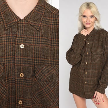 Plaid Pendleton Shirt 70s Brown Wool Button up Shirt Retro Flannel Lumberjack Long Sleeve Warm Fall Neutral Vintage 1970s Mens Medium M 