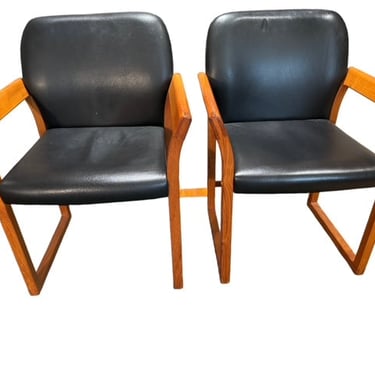 Pair Mid Century Black Leather Hugo Frandsen Stolefabrik Danish Teak Dining Chairs KV232-26