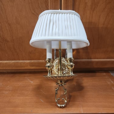 PAIR of Solid Brass Sconces with Scrolled Arms and Pleated Shades