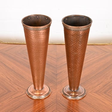 Joseph Heinrichs Style Arts and Crafts Hand Hammered Copper Vases, Pair