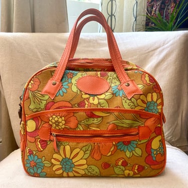 Vintage 60s MOD PSYCHEDELIC FLORAL Fabric Travel Bag Tote / Rare 