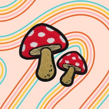 Fuzzy Mushroom Patches - 1970s 70s Retro Style Sew or Glue On Patch for Crafting Projects Denim Jackets Hats Backpacks 