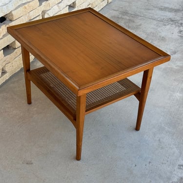 C. 1960s Mid Century Modern Drexel Declaration Solid Walnut End Table with Lower Cane Shelf - Kipp Stewart Design 