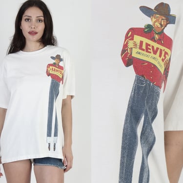 Vintage 1995 Levis Denim Jeans Cowboy T Shirt Made In USA Single Stitch L 