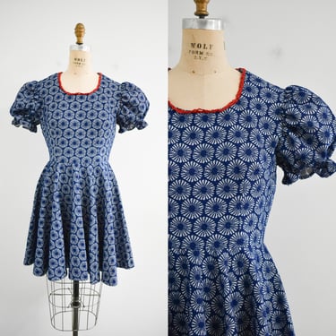 1970s Blue and White Knit Square Dance Dress and Bloomers 
