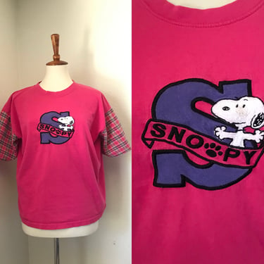 Vintage SNOOPY original pink plaid sleeve t-shirt womens large 