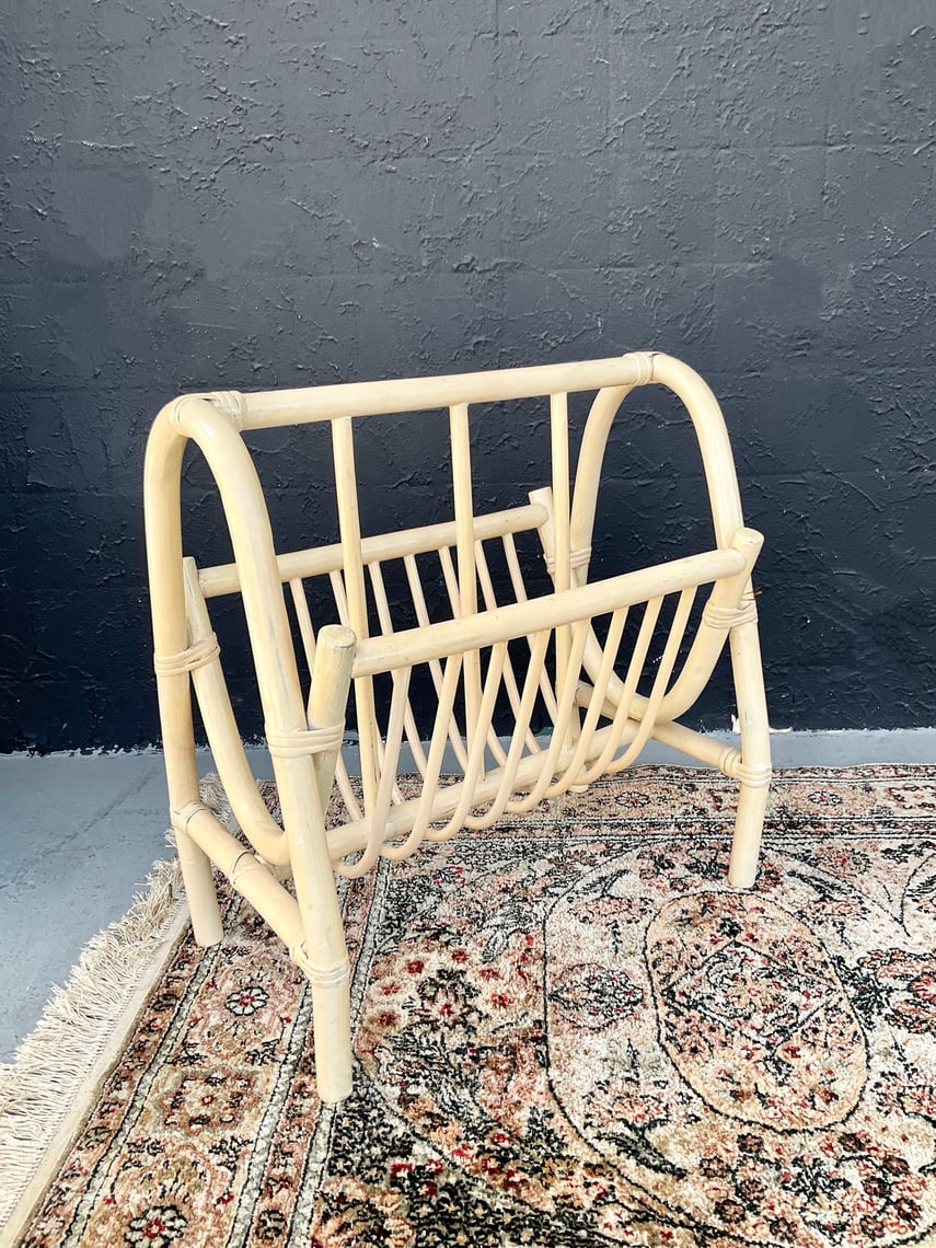 Blonde Rattan Magazine Rack | Revival Vintage | North Loop - Austin, TX