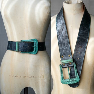Vintage 90s Jenny & The Boys Patina Washed Leather Belt w/ Heavy Green Antique Buckle | 100% Genuine Leather | 1990s Designer Unisex Belt 