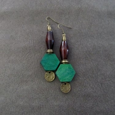 Wooden geometric earrings, mid century modern earrings, hexagon statement earrings, green earrings, unique earrings, long dangle earrings 