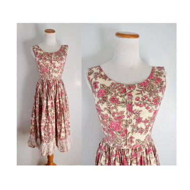 Vintage 50s Floral Sundress - 1950s Cotton Summer Day Dress - Size XXS 