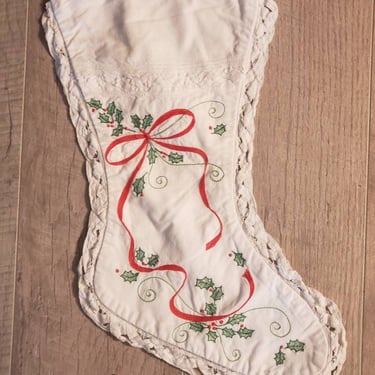 Vintage handmade red green and white embroidered Christmas Stocking 