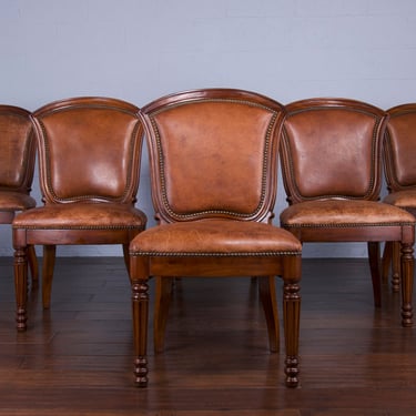 French Napoleon III Style Walnut Dining Chairs W/ Brown Leather by Henredon - set of 6 