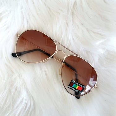 Vintage 80s Skinny Gold and Amber Aviator Sunglasses 