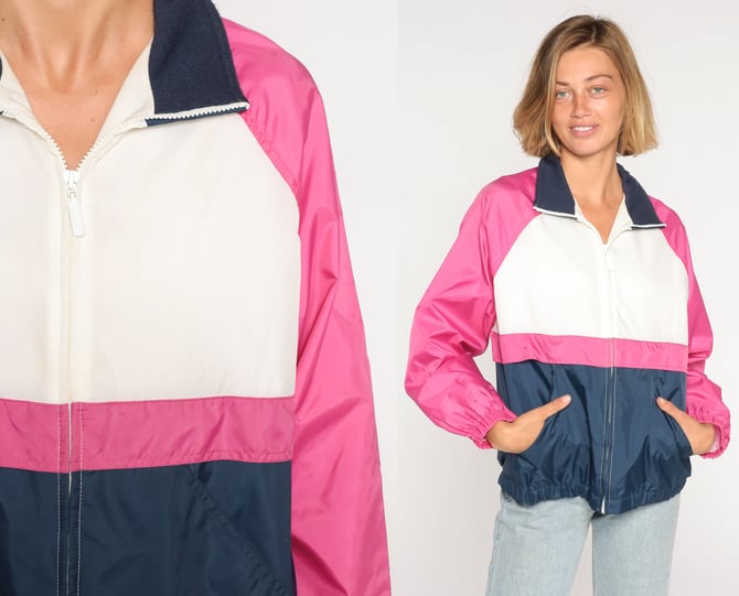 Color Block Windbreaker 90s Zip Up Jacket Retro Pink White Blue Striped Lightweight Shell Hipster Streetwear Nylon Vintage 1990s Medium M 