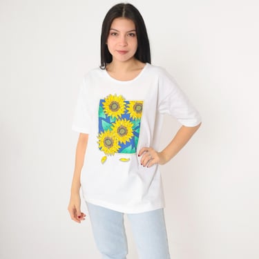 Vintage Sunflower T Shirt XL 90s Floral T-Shirt Retro Flower Graphic Tee Hipster Single Stitch White 1990s Fruit of the loom Extra Large 