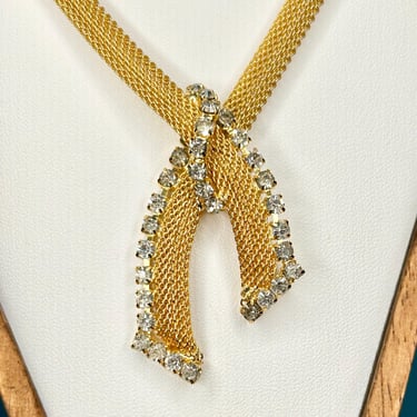 Vintage Mesh Choker Rhinestone Bow Gold Tone Jewelry Retro Fashion Lux Necklace 