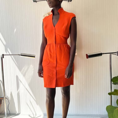 Thierry Mugler Orange Textured Cotton Snap Front Dress 
