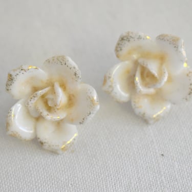 1960s Coro Cream Porcelain Rose Clip Earrings 