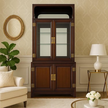 Lighted Chinoiserie China Cabinet - Vintagw Dark Wood Display Hutch with Brass Accents, Mirrored Back & Glass Shelves - Hollywood Regency 