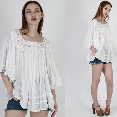 Sheer Kimono Sleeve Coverup Tunic, Thin White Crochet Top, Vintage Mexican Lightweight Pull On Top 