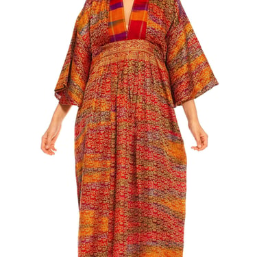 Morphew Collection Multicolor  Metallic Gold Silk Paisley Kaftan Made From Vintage Saris 