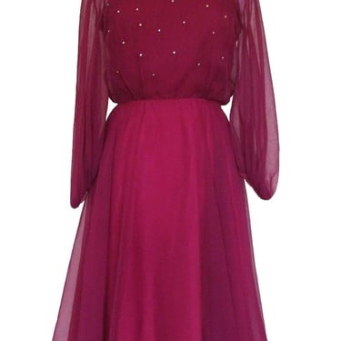 Vintage Lilli Diamond, Chiffon Dress, Small Women, Burgundy Chiffon, Bishop Sleeves 