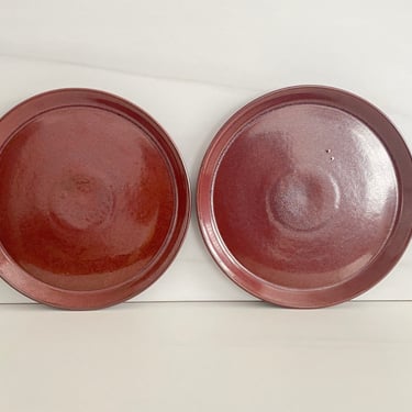 Vintage Danish Modern PAIR Desiree Thule Red Stoneware Pottery 10.5" Dinner Plates Denmark 